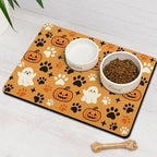 Halloween Dog Food & Water Mat, Orange Pumpkin Ghost Paw Prints Pet Feeding Mat for Floor Non-Slip Waterproof, Super Absorbent Cat Bowl Mat, Easy to Clean Pet Placemat,12" × 20" by Stunnoosy