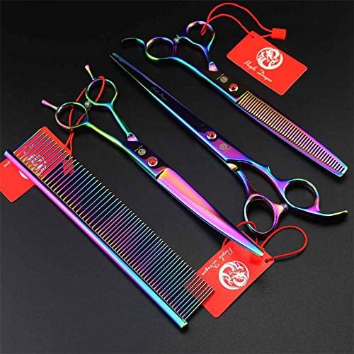 Purple Dragon 8 in Dog Grooming Scissors Set with Anti-Shock Bag - Rainbow | Japanese 440C Steel Pet Grooming Shears, Comfortable Grip, Includes Curved, Straight & Thinning Scissors with Silencer