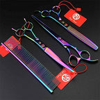 Purple Dragon 8 in Dog Grooming Scissors Set with Anti-Shock Bag - Rainbow | Japanese 440C Steel Pet Grooming Shears, Comfortable Grip, Includes Curved, Straight & Thinning Scissors with Silencer