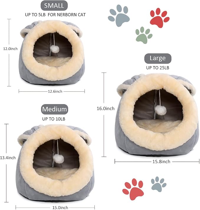 Cat Beds for Indoor Cats-Rabbit-Shaped Cat Cave Bed with Hanging Toy,Grey L | Super Soft Calming cat Tent house for Kitten&Puppy,Warm Plush&Machine Washable&Removable Cushioned Pad,Cute cat Hideaway