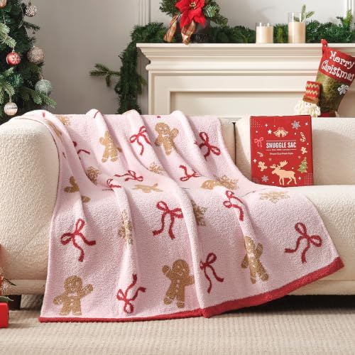 Snuggle Sac Pink Christmas Throw Blanket Gingerbread Man Bow Blanket 50x60 inches, Ultra Soft Cozy Throw Blanket for Couch, Sofa and Bed for Xmas - Image 2