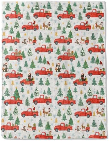 Christmas Decorative Throw Blanket, Red Truck Tree Cat Reindeer Print Decoration, Flannel Winter Blankets for Couch Bed Sofa, Holiday Home Decor, Xmas Festival Gifts Kids Adults 60x80 Inch by AINORI