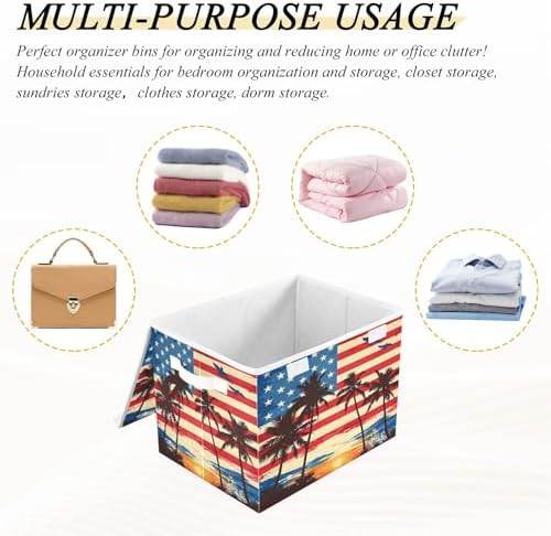 Bolaz American Flag Coconut Tree Storage Bins with Lids and Handles, Storage Box Basket with Cover Collapsible Organizer Containers for Home Closet, Shelves - Image 7