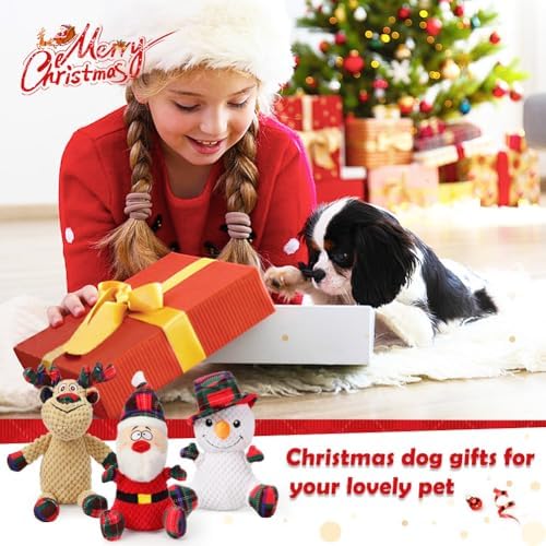 SZEE Dog Christmas Toys for Medium & Big Pets [3 Pack], Premium Dog Gifts, Christmas Doggy Plush Squeaky Chew Toys - Santa, Reindeer, Snowman - Image 7