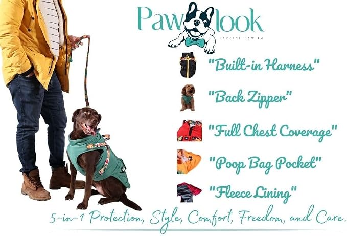 Pawlook Waterproof Dog Raincoat with Built-in Recycled Harness & Fleece Lining – Full Chest Coverage, Back Zipper – Poop Bag Pocket – Eco-Friendly – XS to XXL – Coordinates with Pawlook Gear G*L