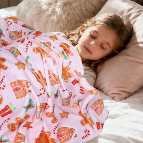 Pink Gingerbread Christmas Throw Blanket, Soft Lightweight Candy Cane Xmas Flannel Blanket for Winter Holiday Couch Sofa Bed Chair Living Rooms Home Decor Gifts 50 x 60 Inch - Image 6