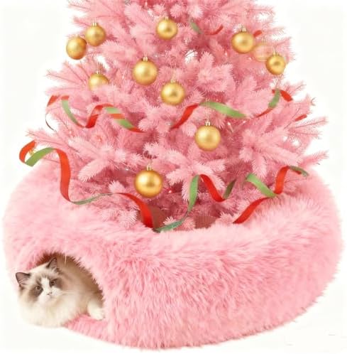 Cat Tunnel Bed Under Christmas, Luxury Donut Cat House Xmas Tree Skirt Tunnel Bed with Washable Cushion, Two-Entry Peekaboo Round Christmas Kitty Donut for Kitten Puppy Rabbit Ferret by KVITTRA