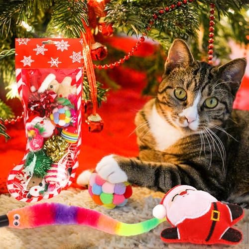 Christmas Stocking Cat Toys, 12PCS Xmas Cat Toy Set with Squeaky Toys, Balls, Cat Teaser - Image 3