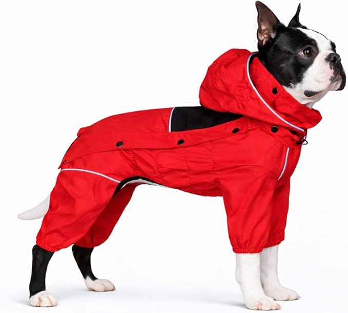 LOVELONGLONG Fleece-Lined Dog Raincoat with Removable Hood – Waterproof Winter Full Body Dog Jacket – Windproof Snowproof Cold-Weather Suit – Red-F M