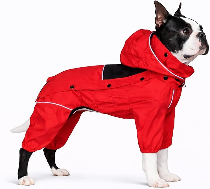 LOVELONGLONG Waterproof Dog Raincoat with Removable Hood – Outdoor Full Body Dog Jacket, Windproof Snowproof Shell Suit – All Season Pet Rain Gear Red L