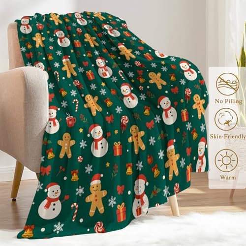 Christmas Snowman Gingerbread Decorative Throw Blanket, Candy Cane Bell Print Decoration, Soft Flannel Winter Blankets for Couch Bed Sofa, Holiday Home Decor, Xmas Festival Gifts 40x50 Inch - Image 3