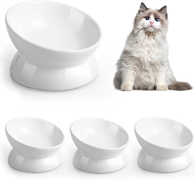 LoeJan Elevated Cat Food Bowl, 5 Oz Ceramic Raised and Tilted Water Bowl, Anti Vomiting and Protect Pets' Spines Dishes for Small Dog, Fat Faced Cat, Kitten (White, 4 Pack)