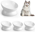 LoeJan Elevated Cat Food Bowl, 5 Oz Ceramic Raised and Tilted Water Bowl, Anti Vomiting and Protect Pets' Spines Dishes for Small Dog, Fat Faced Cat, Kitten (White, 4 Pack)