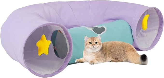 Cat Tunnel, Large Indoor Durable Collapsible Interactive Cat Tube with Peek-A-Boo Hole, Hanging Toys, and Crinkly Paper Lining - Cute Tunnel for Cats, Kittens, Puppies & Rabbits, Purple