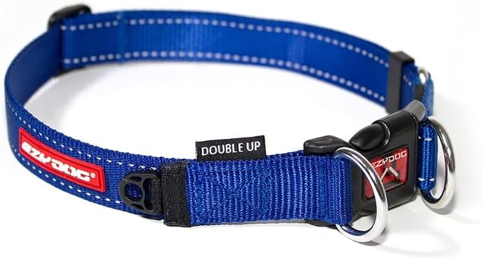 EzyDog Double Up Dog Collar, Strong Double D-Rings - X-Large, Blue | Dual D-Rings for Superior Strength, Safety, and Comfort, Soft Touch Nylon Webbing, Reflective Stitching, Id Attachement Point