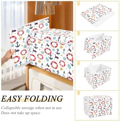 Bolaz Storage Bins with Lids and Handles,Flag Coral Starfish Anchor Life Buoy Pattern Storage Box Basket with Cover Collapsible Organizer Containers for Home Closet, Shelves - Image 4