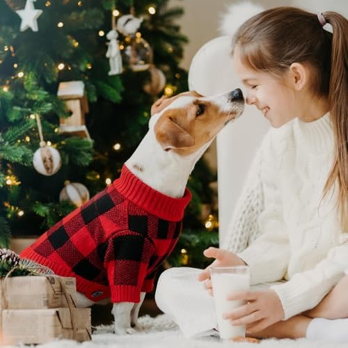 Dog Christmas Sweater Red Plaid Cardigans Dog Christmas Outfit Soft Warm Knitted Pet Clothes Cold Weather Puppy Clothes for Small Medium Large Dogs Cats - Image 3