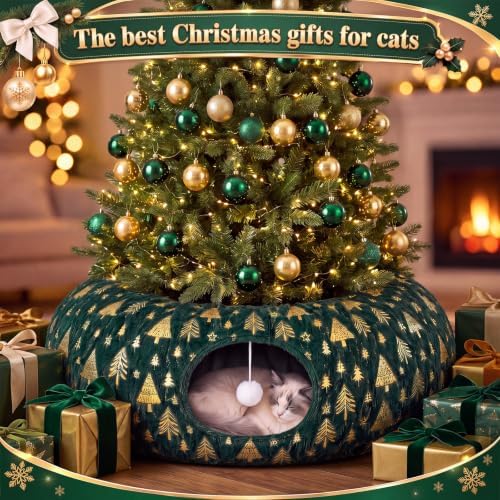 Christmas Tree Cat Tunnel 36 in Donut Bed, Green, Polyester, Gold Foiling - Image 6