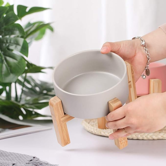 Ceramic Elevated Raised Cat Bowl with Wood Stand No Spill Pet Food Water Feeder Cats Small Dogs
