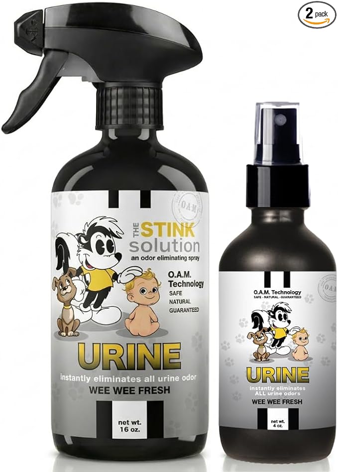 The Stink Solution Urine Odor Eliminator Spray, WeeWee Fresh, 16 oz & 4 oz | Eliminates Cat, Dog and Human Pee Odor at the Source. Deodorizer for Carpet, Mattress, Floors, Grass and Turf. Travel Size