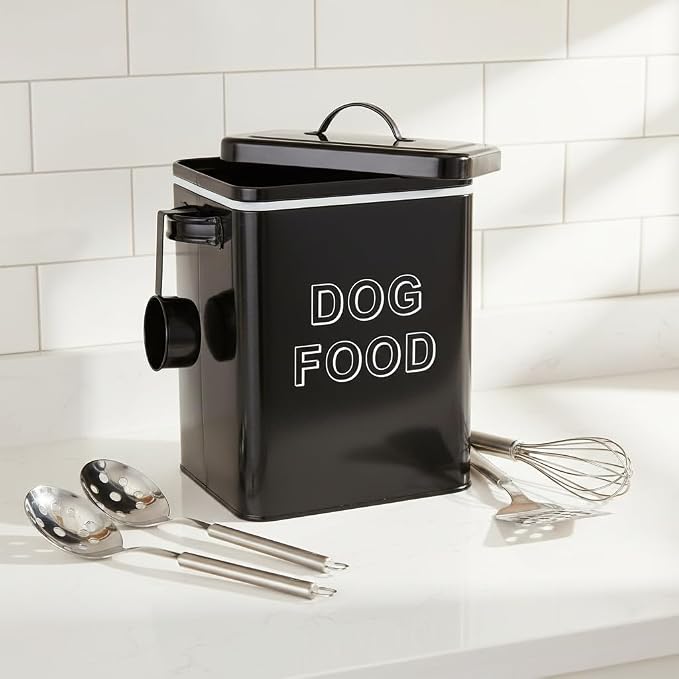 Dog Food Storage Container Farmhouse Pet Food Storage Containers with Lid and Scoop, Perfect Vintage Canister Treats Tin for Kitchen Countertop, Shelf, Great Gift for Pet Owners - Dog Food - Black