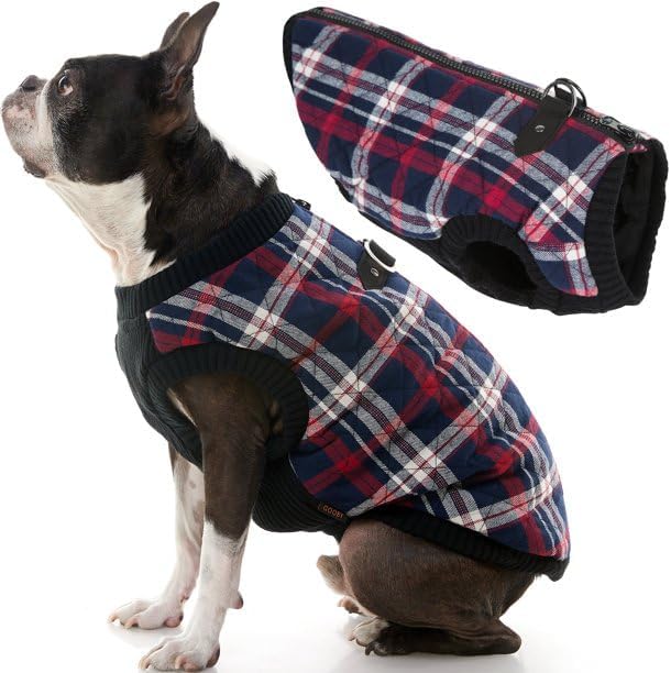 Gooby Fashion Vest Check Dog Jacket - White Check, Small - Warm Zip Up Bomber Vest with Dual D Ring Leash - Winter Water Resistant Small Dog Sweater