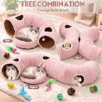Cat Tunnel Bed with 11 Cat Toys for Indoor Cats, Pink Plush 4-Entrance - Image 5