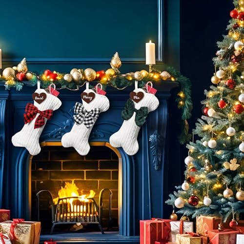 WATINC Pet Christmas Stockings Personalized - 3 Pack Large Bone Shape Stocking with Wooden Name Tag, Pet Dog Knit Christmas Hanging Stockings for Xmas Eve Party Fireplace Tree Gift Decoration - Image 4