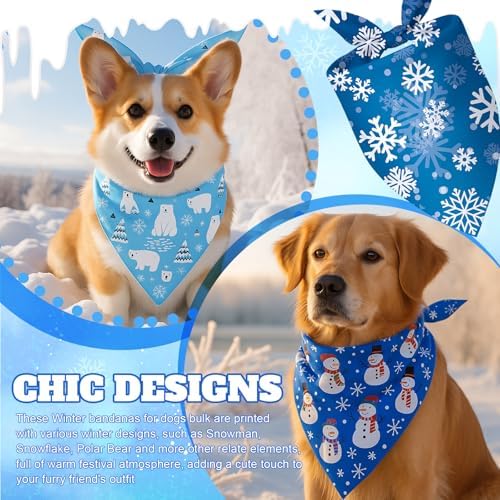 Preboun 50 Pcs Winter Dog Bandanas Bulk, Blue and White Snowman Snowflakes - Image 2
