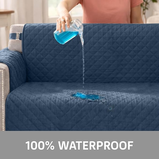Sofa Shield 100% Waterproof Couch Cover with Patented Straps, Slip & Stain Resistant Furniture Protector, Machine Washable Sofa Slipcover for Dogs Cats Pets Kids, 28 inch Seat, Large Recliner, Navy