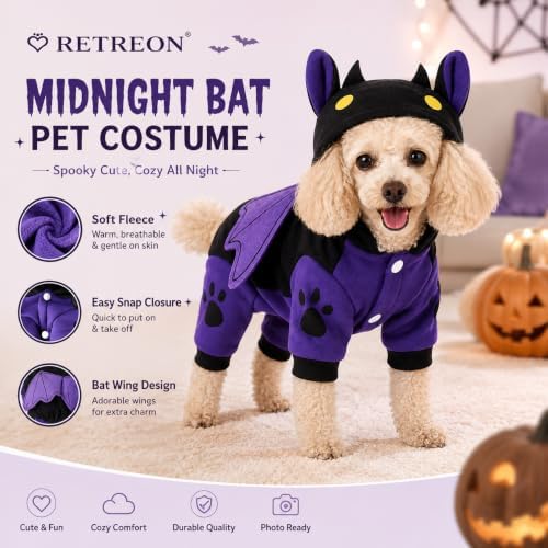 Dog Halloween Clothes, Fleece Bat Costume,Four-Leg Snap Jumpsuit,M - Image 3