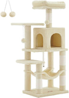 Feandrea Cat Tree, 44.1-Inch Cat Tower, Plush Multi-Level Condo with 4 Scratching Posts, 2 Perches, Hammock, Cave, Beige UPCT261M01