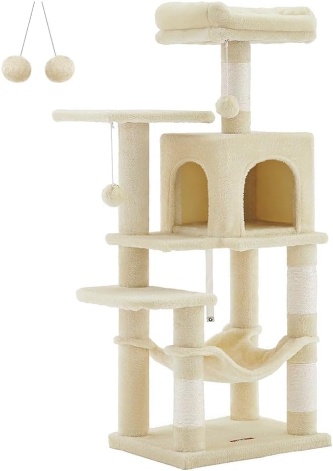 Feandrea Cat Tree, 44.1-Inch Cat Tower, Plush Multi-Level Condo with 4 Scratching Posts, 2 Perches, Hammock, Cave, Beige UPCT261M01