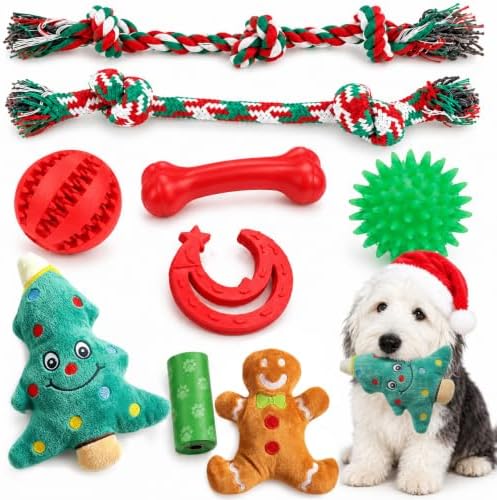 Christmas Dog Toys 9 Pack, Luxury Santa Puppy Chew Toy, Cotton Squeaky Plush Toys for Small Dogs, Durable Interactive Rope Treat Dog Ball and Bones, Rubber Teething Toys for Dogs Gifts by Unknown