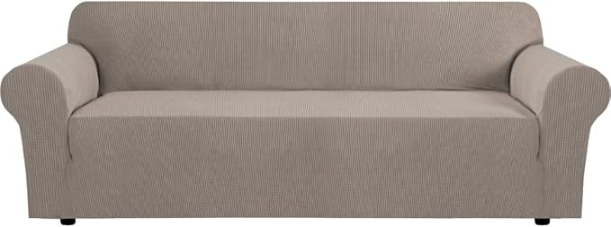 H.VERSAILTEX Stretch Couch Covers for Sofa 1 Piece Slipcovers for Couches and Sofas 3 Seater Couch Cover Feature Thick Checked Jacquard Fabric with Elastic Bottom(Large Sofa 90"-100" Wide, Taupe)