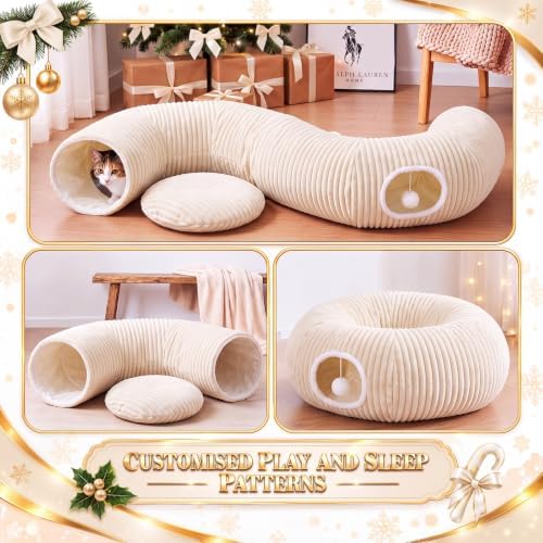Christmas Tree Cat Tunnel 36 in Donut Bed, Beige, Flannel, Corduroy - Image 5