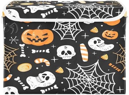 Bolaz Storage Bins with Lids and Handles,Halloween Seamless Pumpkins Spider Web Storage Box Basket with Cover Collapsible Organizer Containers for Home Closet, Shelves - Image 2