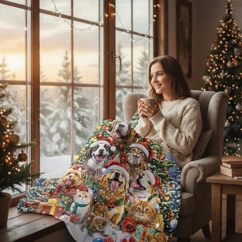 Neasow Christmas Throw Blanket, Cats and Dogs Pets Christmas Tree and Snowflake Design Soft Fuzzy Cozy Flannel Blanket Gift for Family and Friends Home Sofa Couch Chair Decorative 50x60 Inch - Image 5