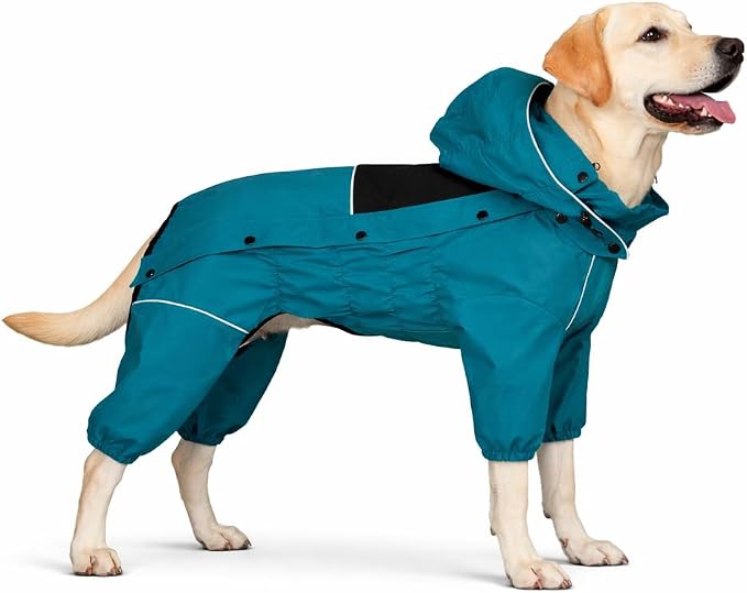 LOVELONGLONG Waterproof Dog Raincoat with Removable Hood – Outdoor Full Body Dog Jacket, Windproof Snowproof Shell Suit – All Season Pet Rain Gear Ocean Teal XL