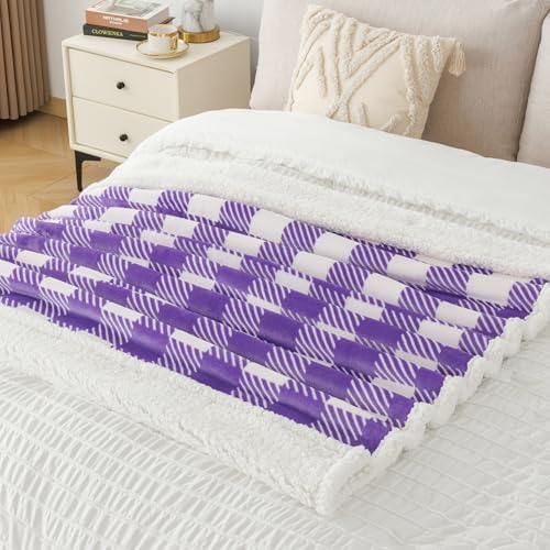 Touchat Sherpa Plaid Twin Blanket 60" X 70", Fuzzy Fluffy Soft Cozy Throw Blanket, Twin Size Plush Fleece Flannel Plush Microfiber Blanket for Couch Bed Sofa (PurpleWhite) - Image 6