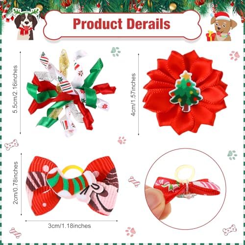 150 Pcs Christmas Dog Hair Bows Puppy Hair Bows Flower with Rubber Bands Bulk Curly Dog Accessories for Xmas Grooming Pet Favor Gift - Image 2