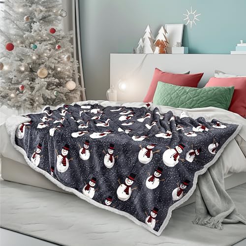 PAVILIA Premium Christmas Sherpa Throw Blanket, 50x60, Grey Snowman Cozy Fleece Holiday Blanket, Reversible Plush Winter Throw for Couch & Bed, Ultra Soft Warm - Image 3