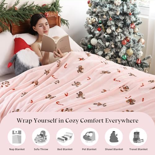 Pink Gingerbread King Size Throw Blanket for Bed, Soft Cute Fuzzy Christmas Fleece Blankets, Room Home Decor Gifts for Women Girls, 108x90 Inches - Image 5