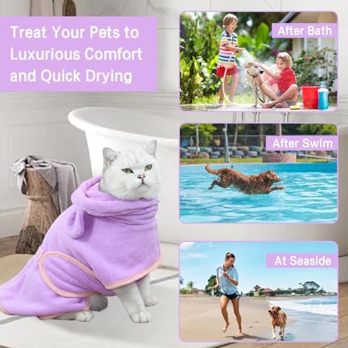 Pet Bathrobe for Dog Cat Absorbently Quick Drying Coat Cute Dogs Bath Towel Hooded Robe Adjustable Collar & Belly Strap for Pool Beach (Purple, Medium) - Image 3