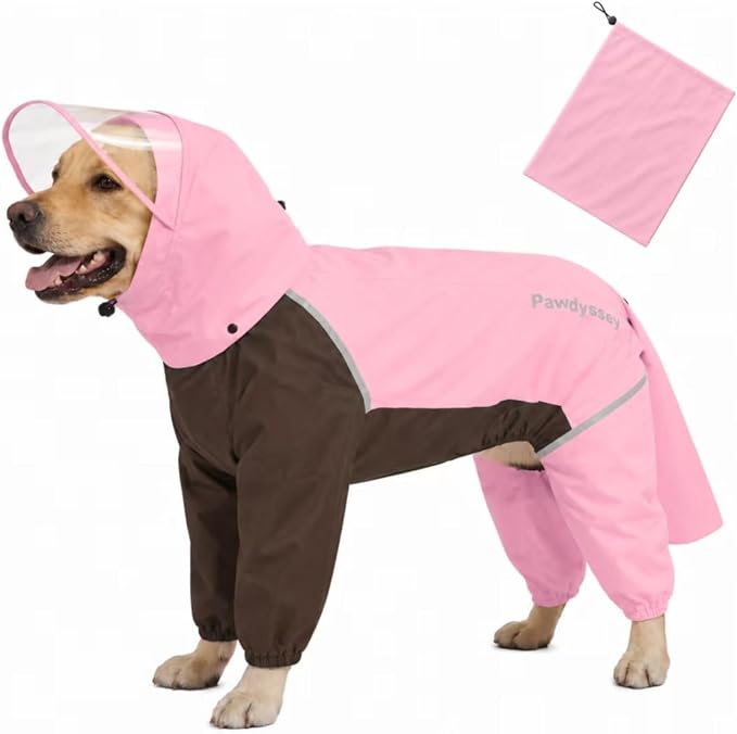 Full-Body Dog Raincoat with Detachable Hood, Waterproof Reflective Dog Rain Jacket with Tail Cover, Adjustable Fit and Leash Portal for Rainy Walks, Cherry Blossom Pink, X-Large