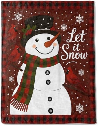 Snowman Christmas Decorative Throw Blanket, Cardinal Buffalo Plaid Scarf Print Decoration, Soft Flannel Winter Blankets for Couch Bed Sofa, Holiday Home Decor, Xmas Festival Gifts 50x60 Inch by AINORI
