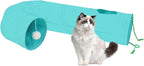 Cat Tunnel, 2-Way Collapsible Cat Tube with Interactive Peek-A-Boo Hole, Toy Ball, and Rope – Ideal for Indoor Cats, Kittens, and Rabbits (Light Blue)