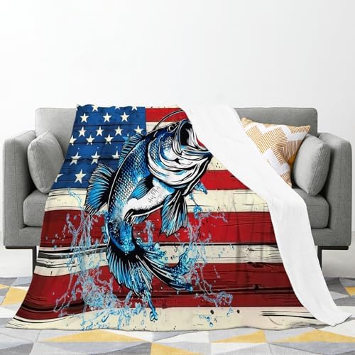 Bass Fish Blanket American Flag Fishing Throw Stuff Gifts 80"x60" - Image 2