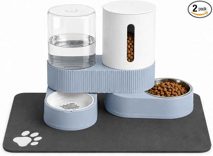Gravity Cat Feeder 2 Pack Automatic Food Feeder Stainless Steel Water Dispenser Set 360 Degree Rotatable Pet Bowls with Silicone Mat for Cats Small Medium Dogs, Large Capacity(Blue)