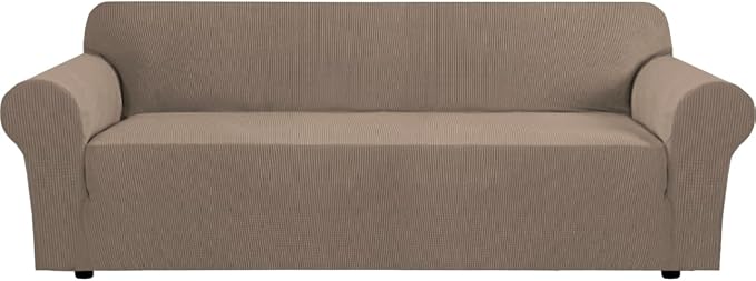 H.VERSAILTEX Stretch Couch Covers for Sofa 1 Piece Slipcovers for Couches and Sofas 3 Seater Couch Cover Feature Thick Checked Jacquard Fabric with Elastic Bottom(Large Sofa 90"-100" Wide, Macchiato)